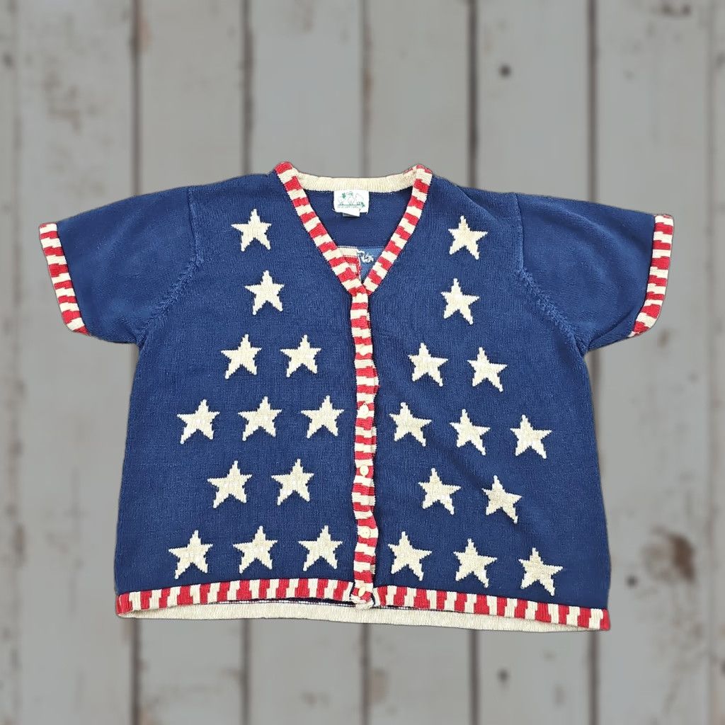 Factory Quacker Factory Sweater Womens 2x Blue Knit Cardigan V Neck Patriotic Usa Cotton Ram