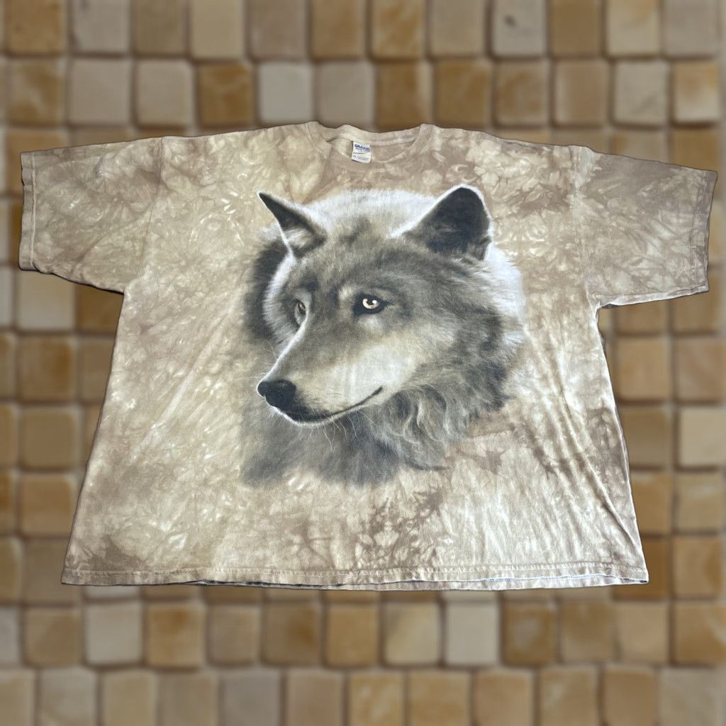 Vintage Gildan The Mountain T Shirt Men 3xl Short Sleeve Beige Tie Dye Wolf 90s Animals Natur