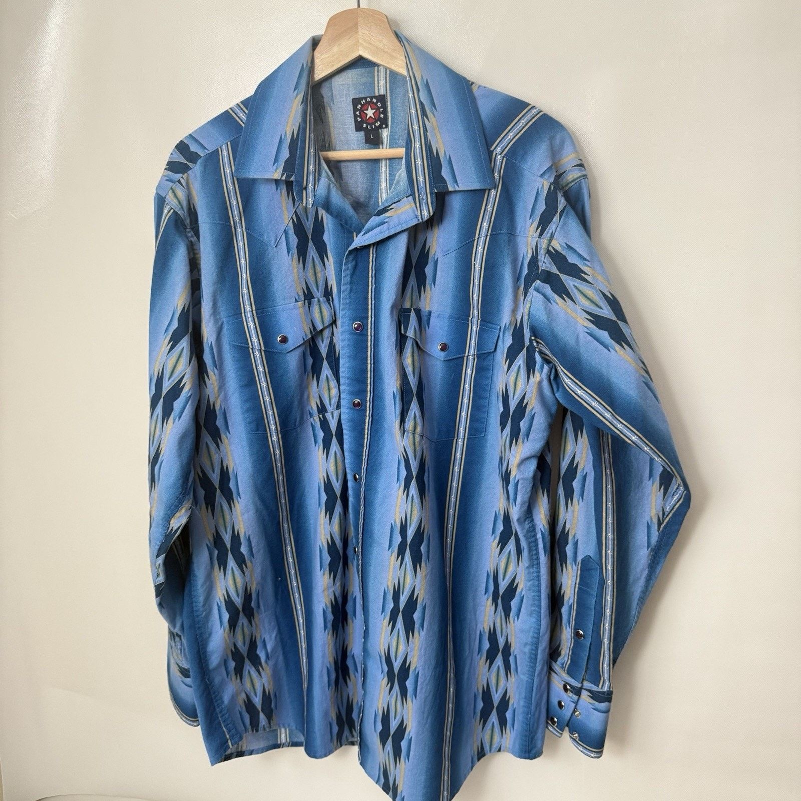 Slim Vtg Panhandle Slim Pearl Snap Western Shirt Aztec Barb Wire
