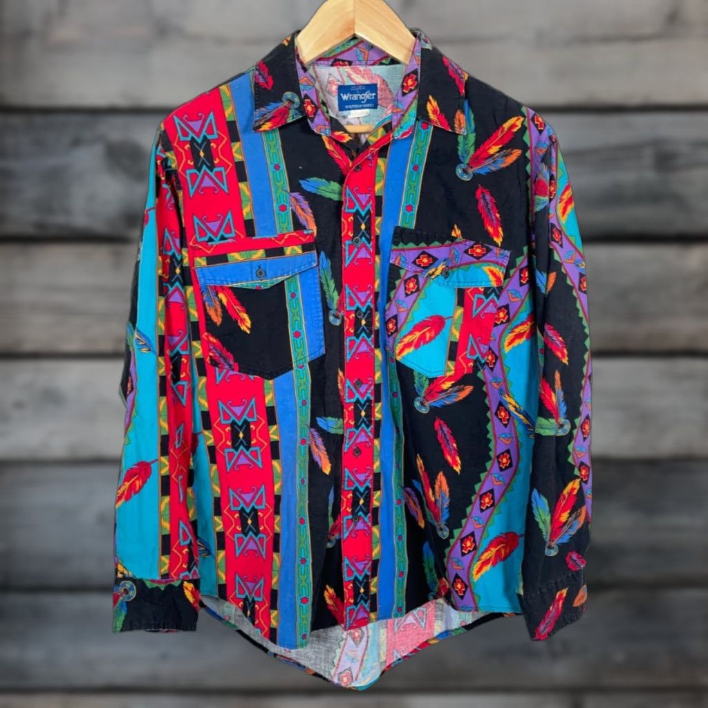 Vintage Wrangler Aztec Western Shirt Men Large L Multicolor Geometric 90s Cowboys Cowboy Sh