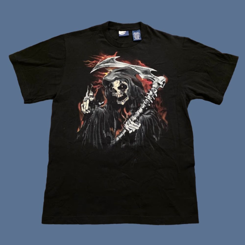 Vintage Greensource Grim Reaper Flames Graphic T Shirt Black Mens Large Deadstock Hoodie, Sweatshirt | FlexRushtees.com