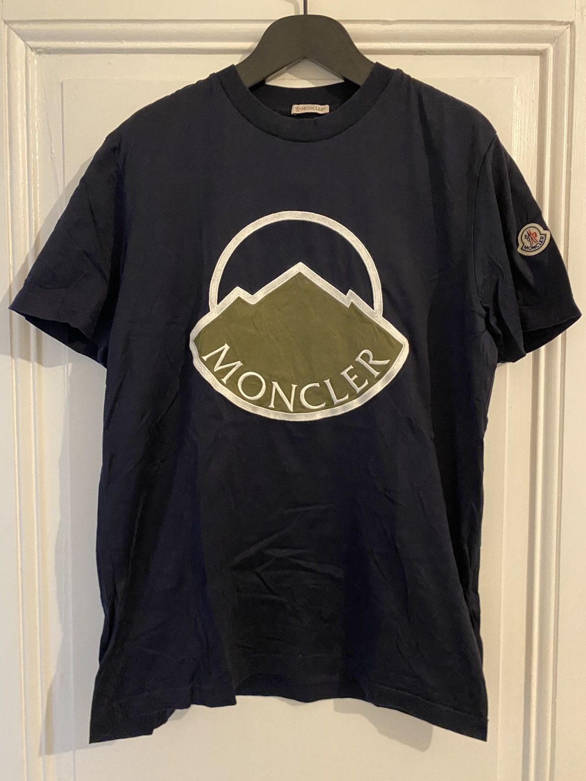 Moncler Blue Logo T Shirt Size Large Hoodie, Sweatshirt | FlexRushtees.com