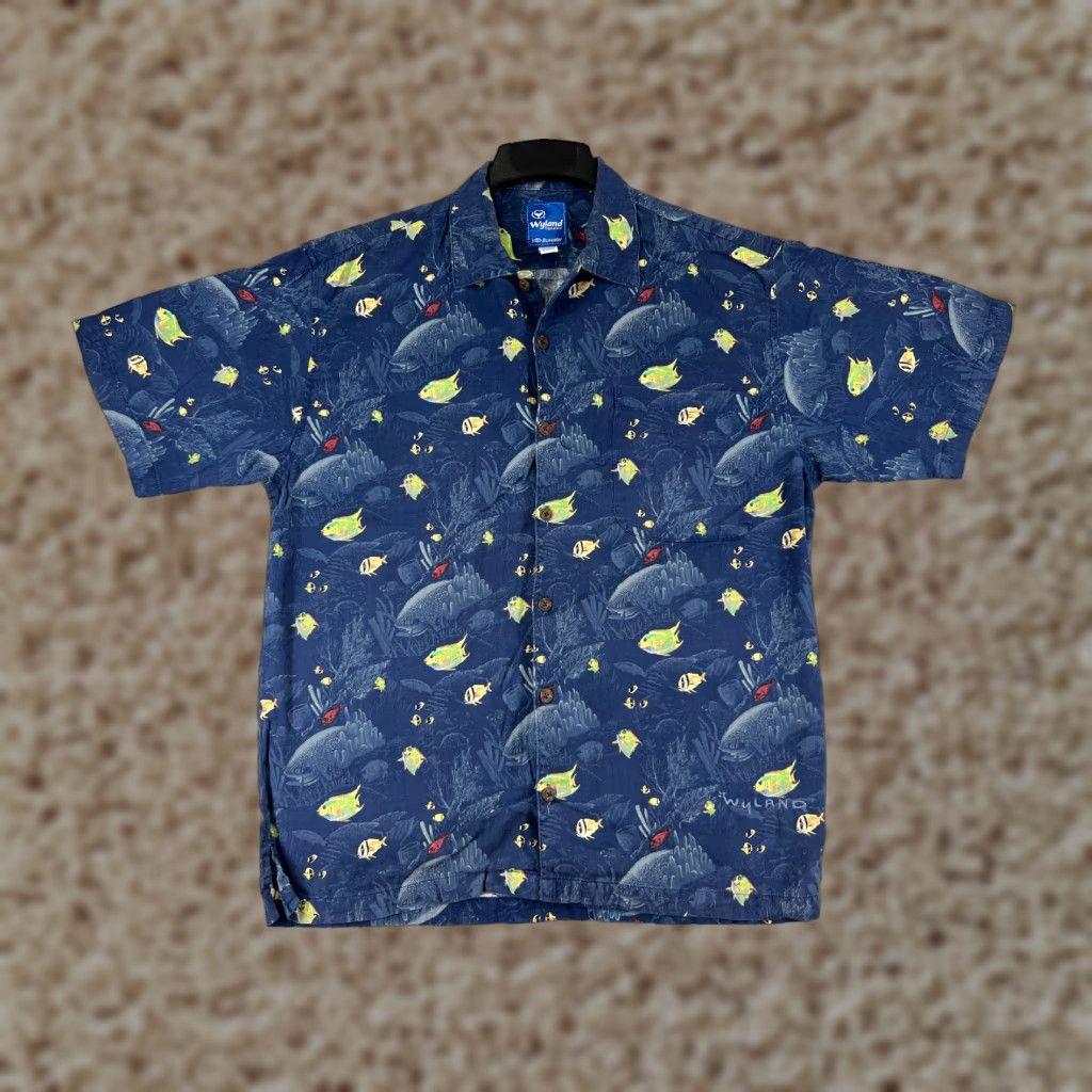 Vintage Aftco Shirt Mens Large Blue Tropical Fish All Over Print Hawaiian Angler