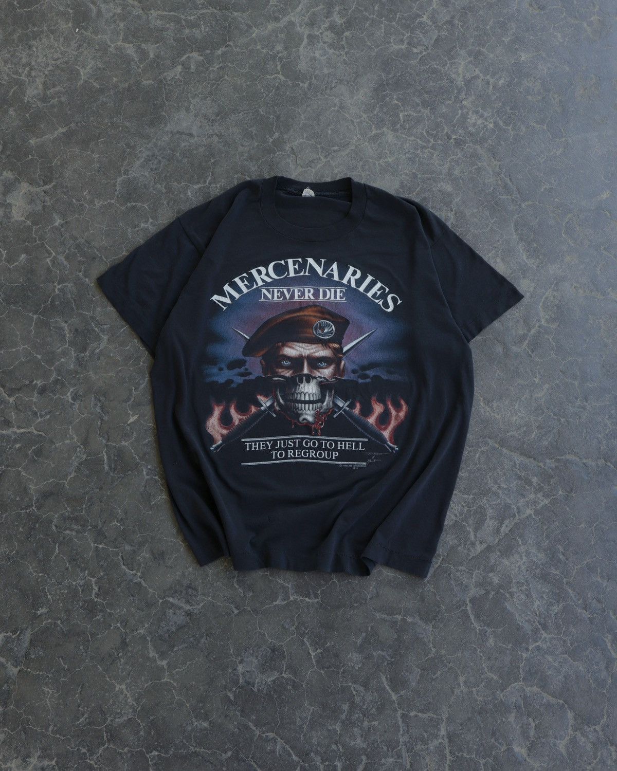 Vintage Mercenaries Never Die Screen Stars 3d Emblem Tee