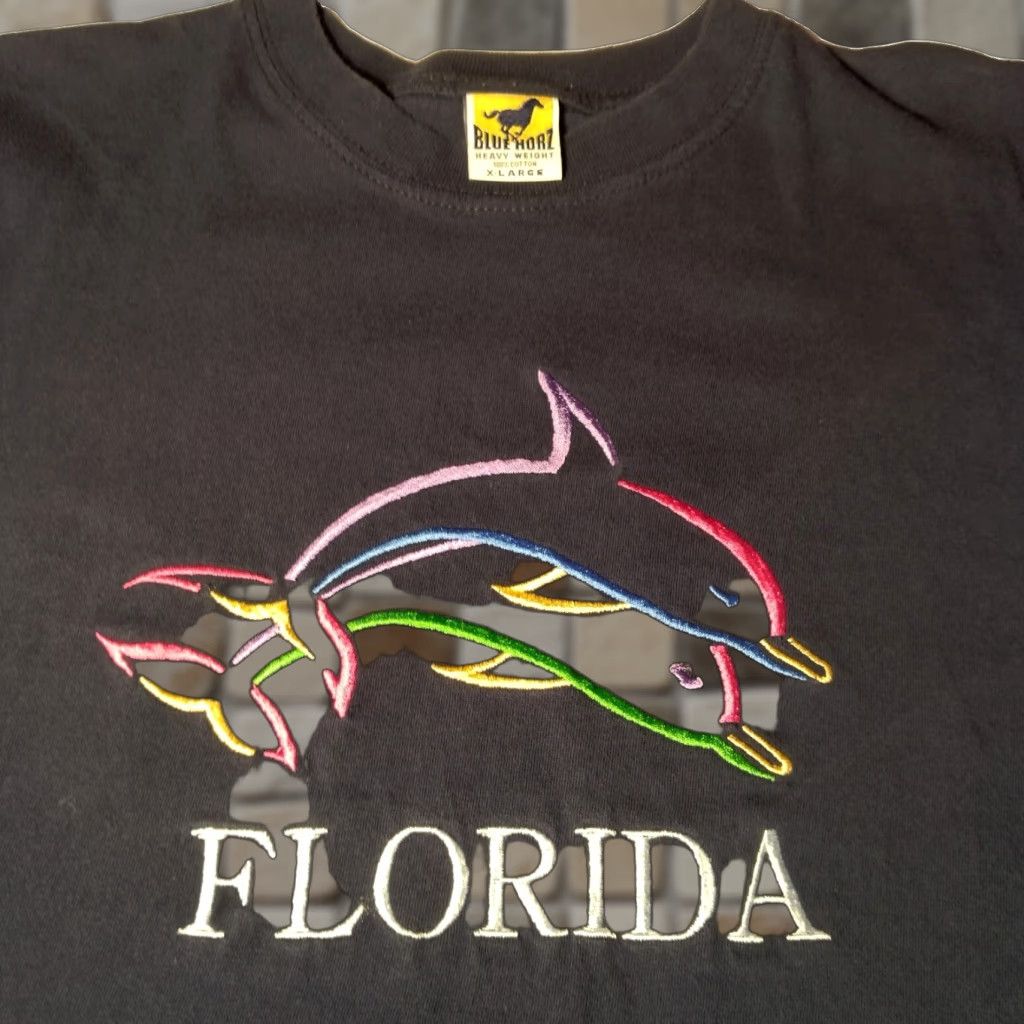 Rainbow Vintage Blue Horz Florida Dolphins Shirt Xl Ocean Blue Embroidered T Shirt Men Adults Dolphi