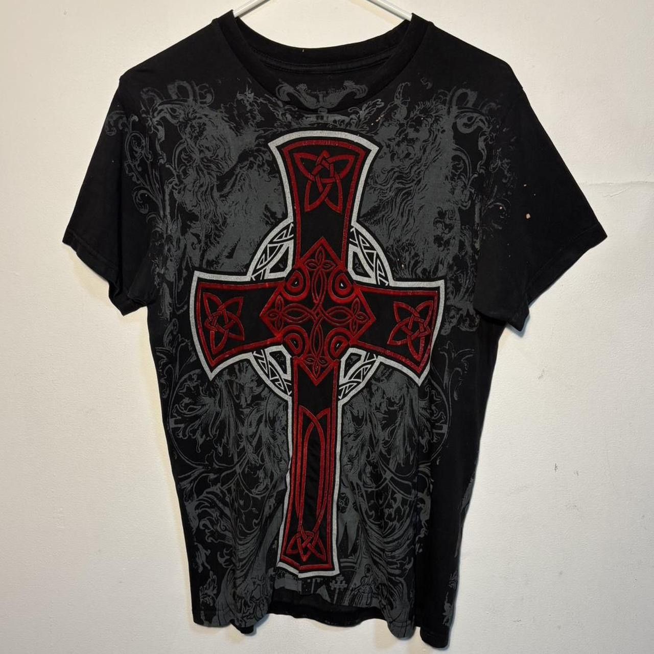 Vintage Early 2000s Y2k Carbon Black Tribal Cross T Shirt