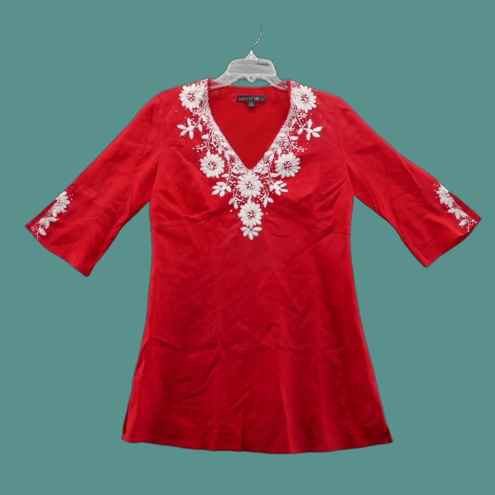 Vintage Lafayette 148 Blouse Tunic Red Womens Linen Beaded Embroidered Half Sleeve
