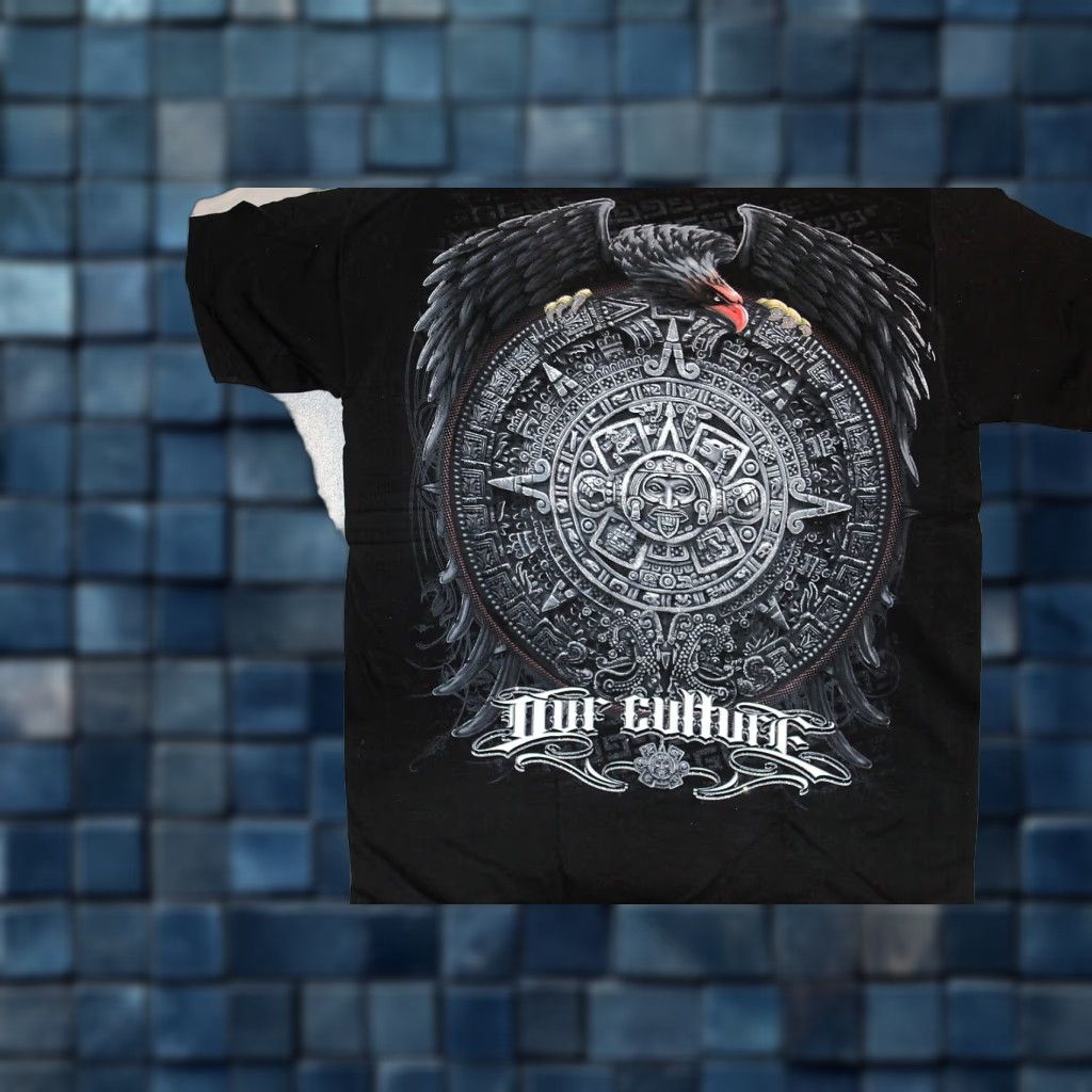 Vintage Aztec Calendar T Shirt Men Medium Black Graphic Tee Eagle Our Culture 90s