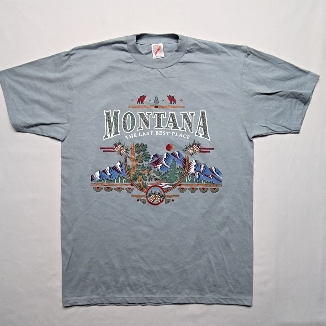 Jerzees Vintage Montana Graphic Tee Mountain Nature Blue Gray L