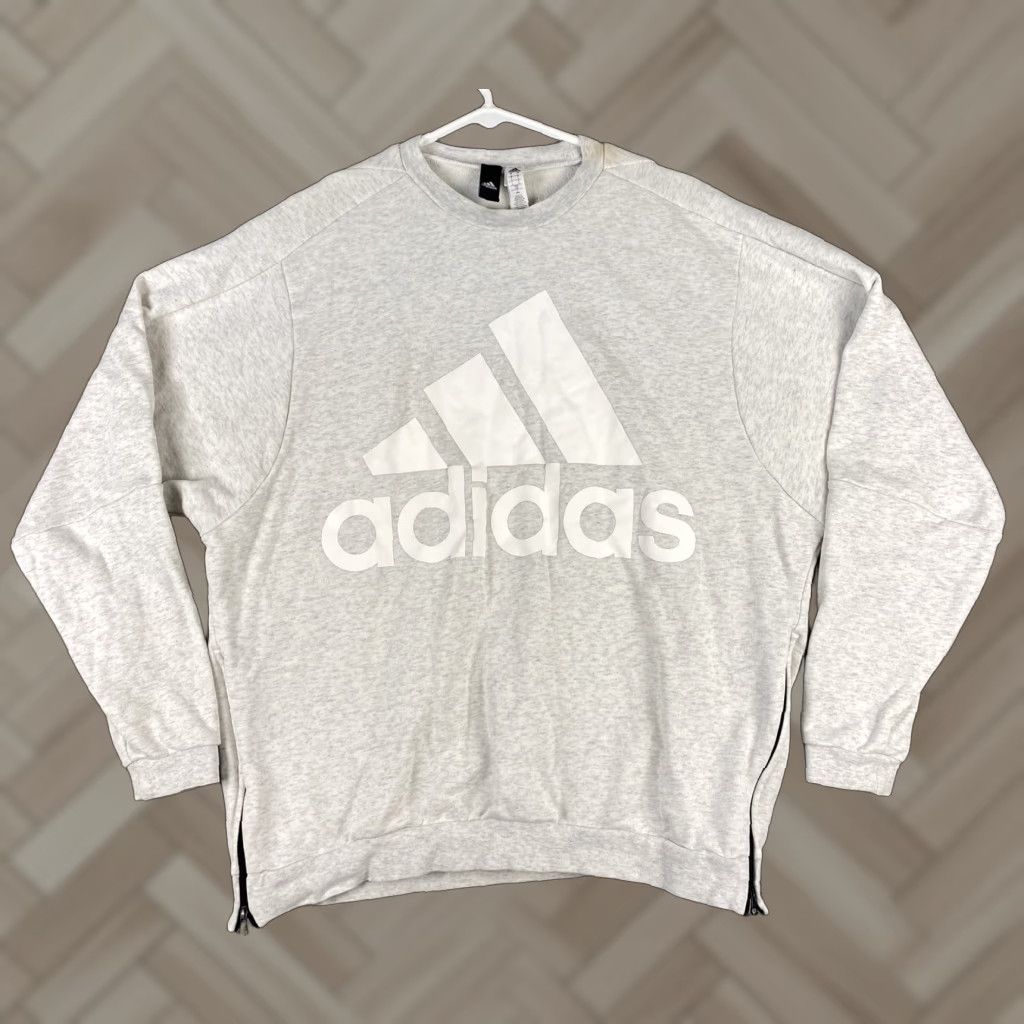 Vintage Adidas Sweatshirt Crew Neck Long Sleeve Zip Sides L Adult Gray Logo 80s 90s Mens Pull