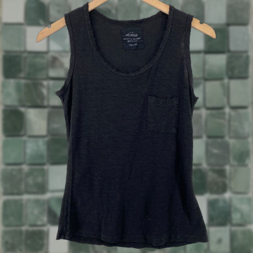 Vintage Michelle Tank Top S Slub Jersey Fringed Pocket Scoop Neck Sleeveless Black Women S Short Spr