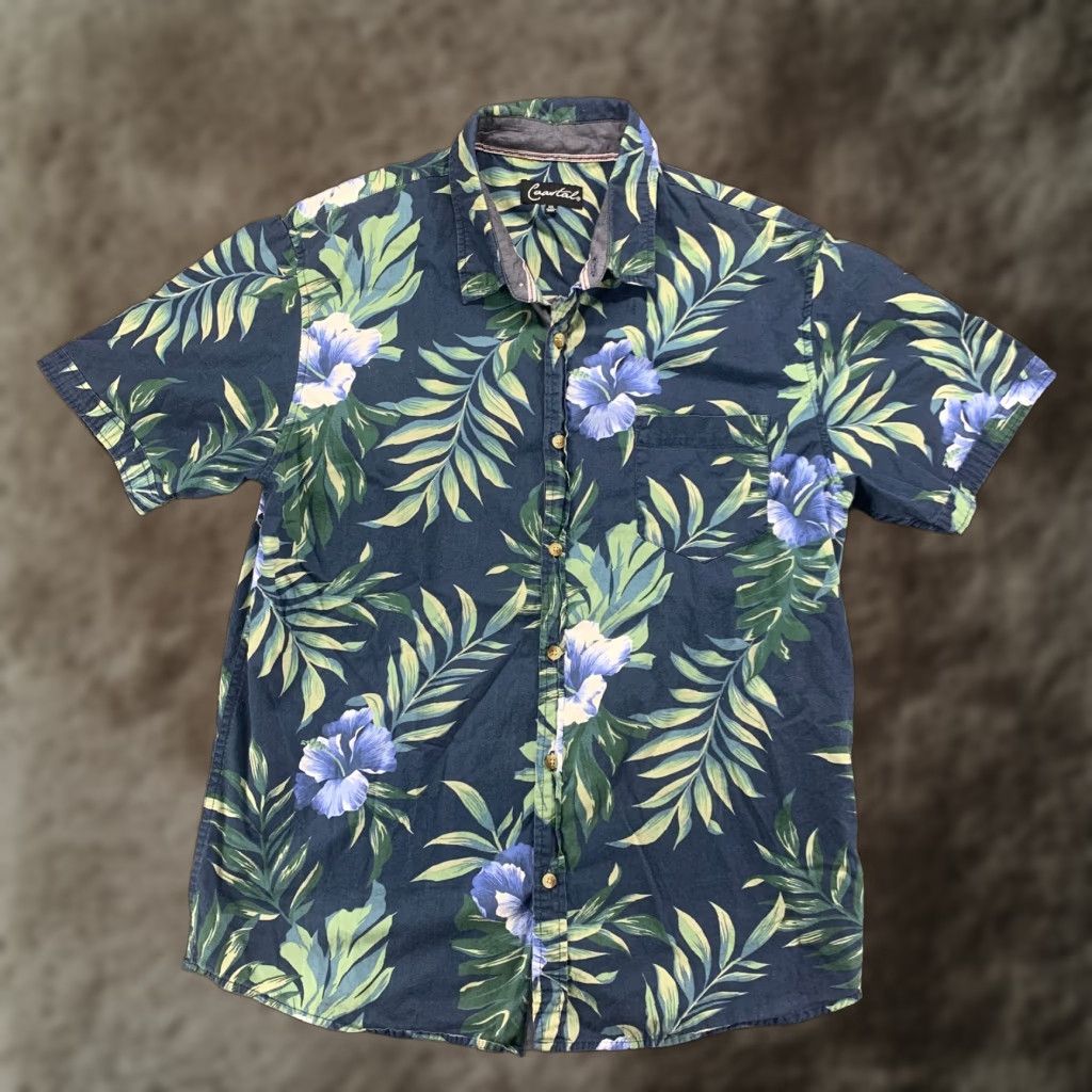Vintage Coastal Men S Shirt Xl Short Sleeve Floral Tropical Blue Green Casual All Seasons