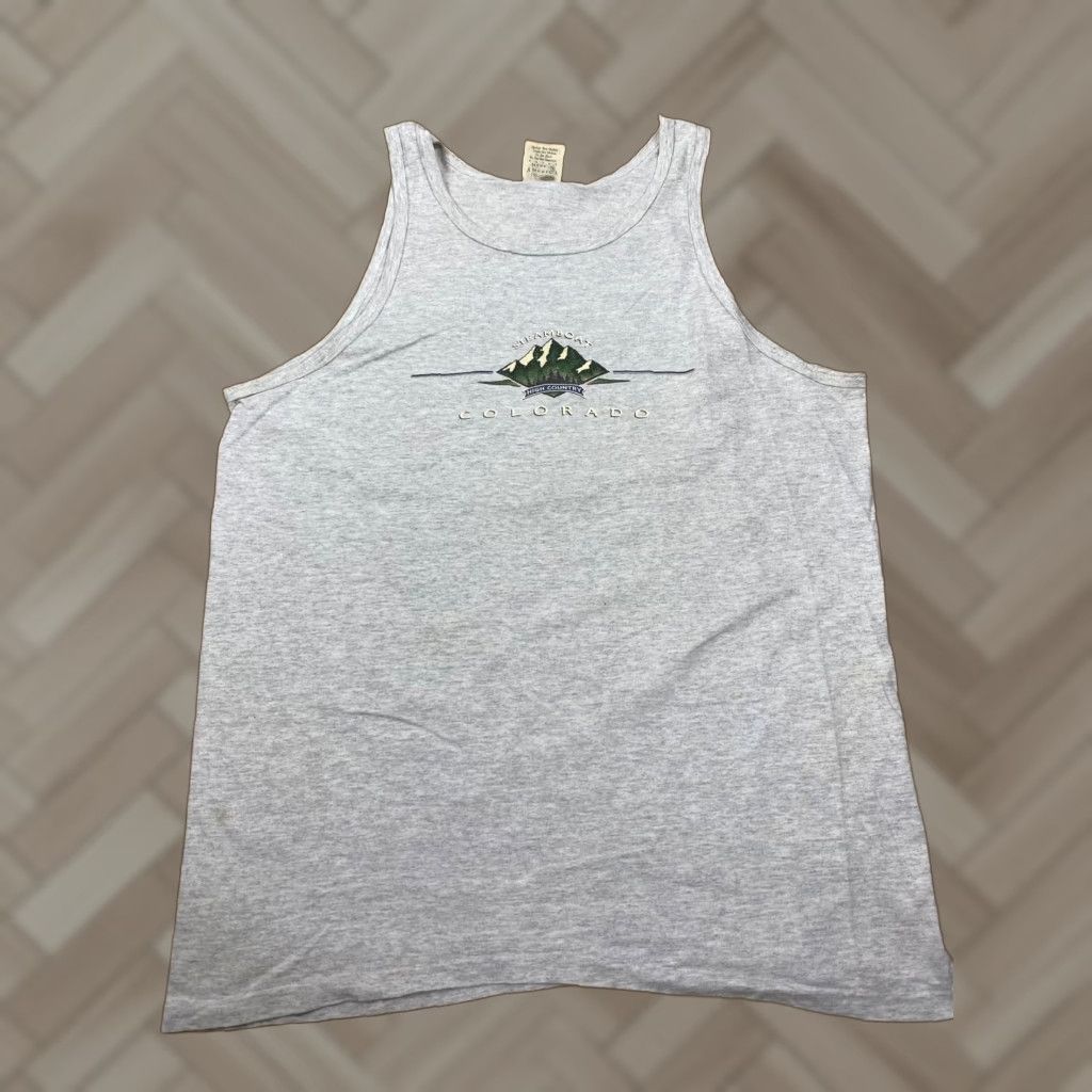 Vintage Vtg Prairie Mountain Sportswear Tank Top Unisex Xl Gray Colorado Steam Boat Graphic Outdoor