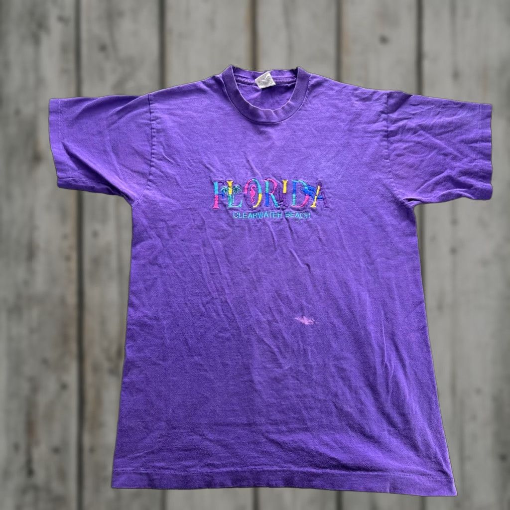 Fruit Of The Loom Vintage Florida Clearwater Beach Shirt Mens L Purple Embroidered 90s Usa
