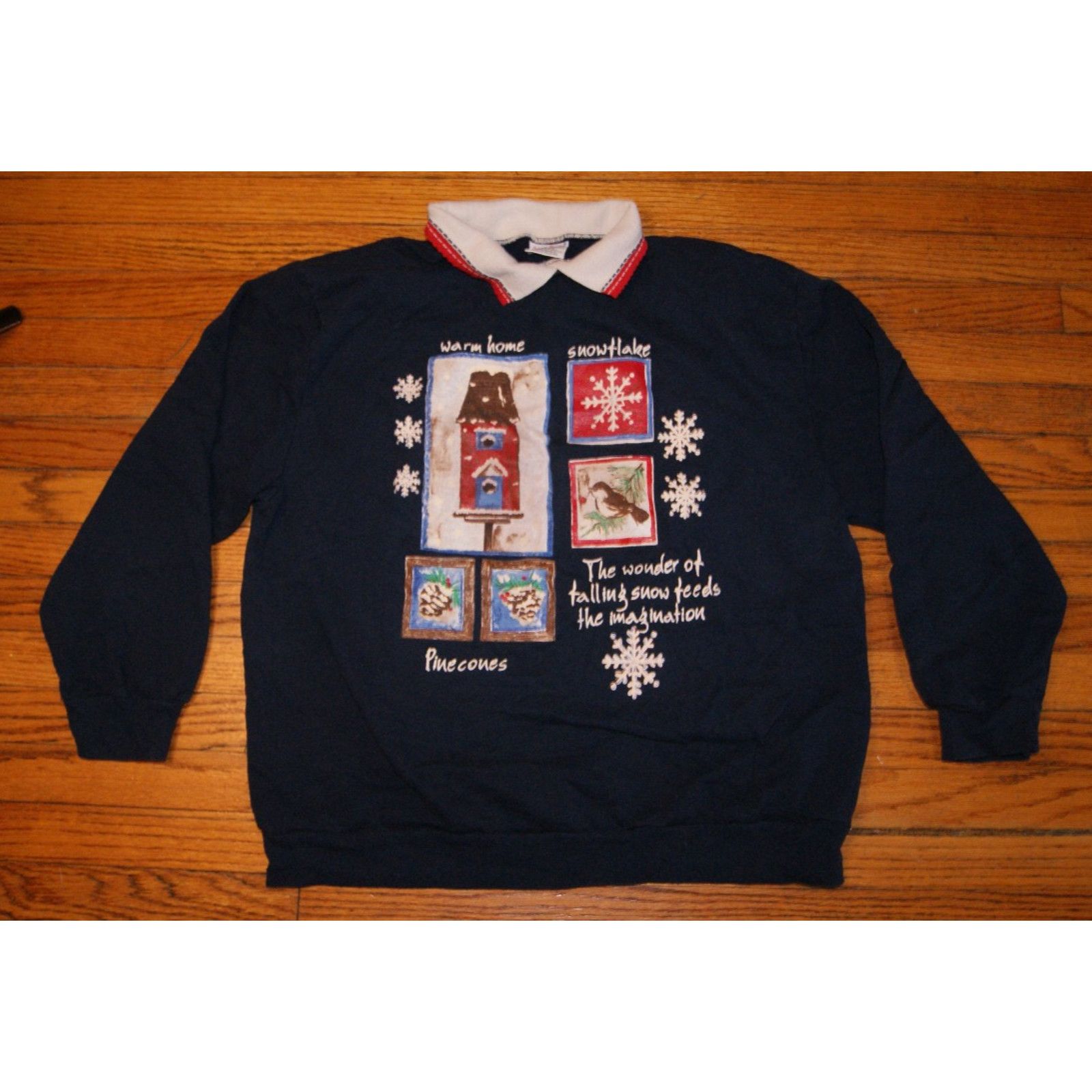 Vintage Vtg Bobbie Brooks Collared Winter Bird Houses Xl Sweatshirt T-Shirts, Hoodie | FlexRushtees.com