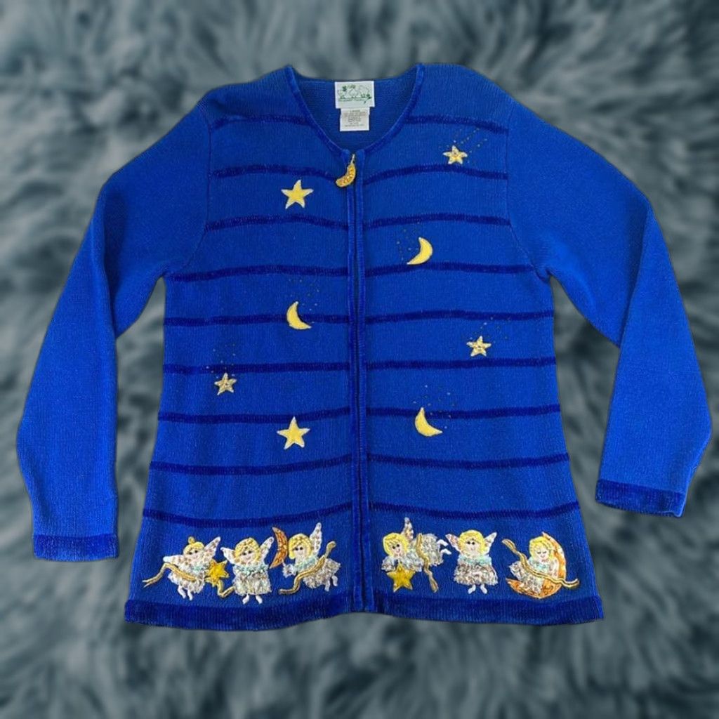 Factory Vintage Quacker Factory Sweater Full Zip Long Sleeve Women L Blue Christmas Angel Me