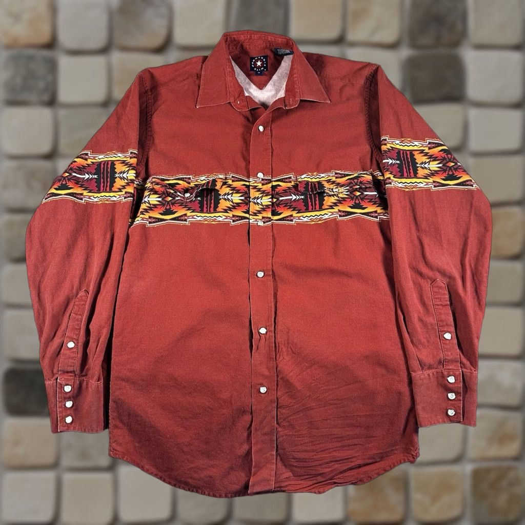 Vintage Panhandle Slim Shirt Aztec Long Sleeve Pearl Snap Cowboy Rodeo Geometric Red Cotton