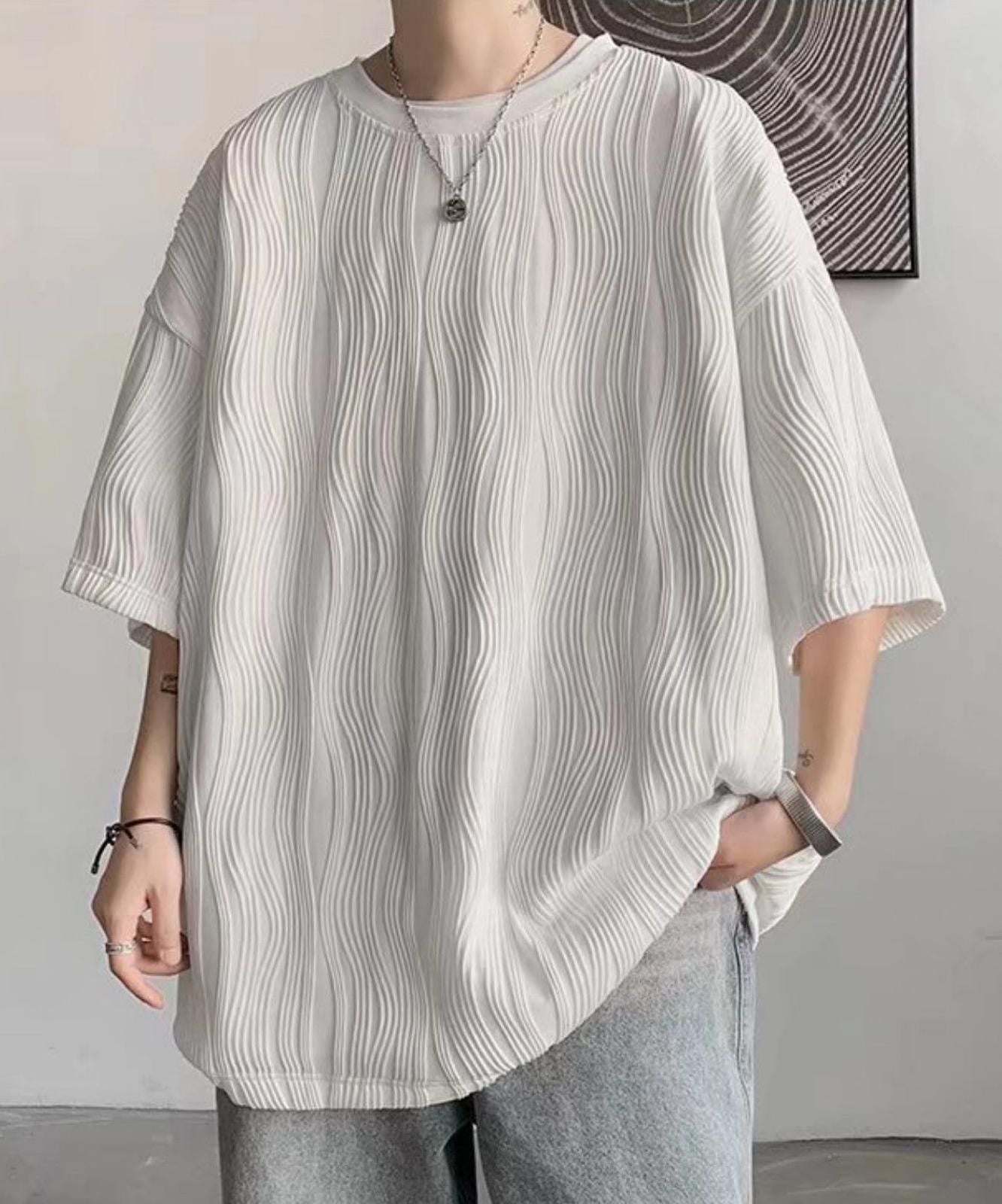 Other Korean White Wave Pleated Oversized Relaxed Tee T Shirt Hoodie, Sweatshirt | FlexRushtees.com