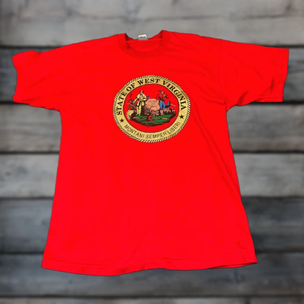 Fruit Of The Loom Vintage 90s West Virginia Crest Slogan T Shirt Men Xl Red Cotton Retro Outdoor Sum Hoodie, Sweatshirt