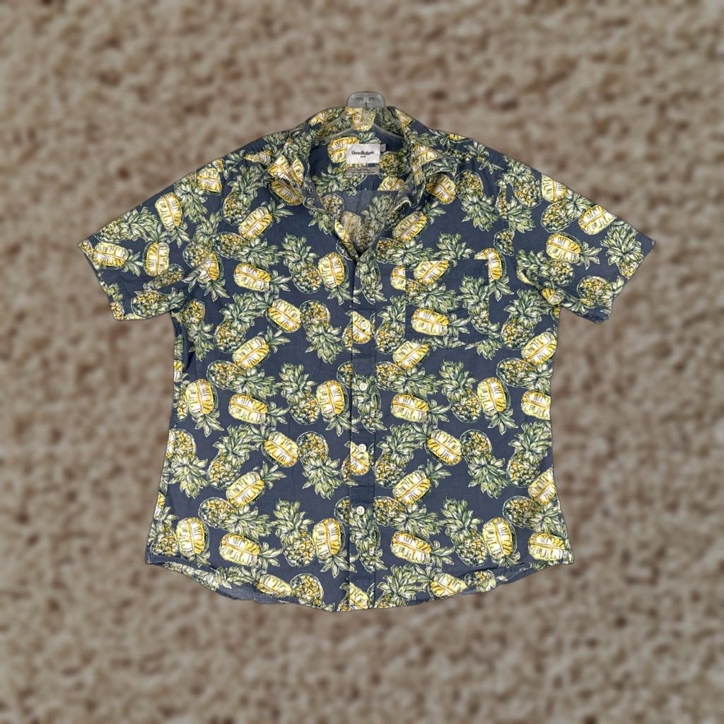 Vintage Goodfellow Co Shirt Men L Blue Green Yellow Pineapple Aop Hawaiian Rayon Floral Short Sleeve