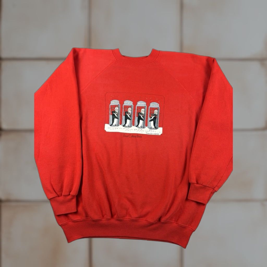 Vintage Hanes Sweatshirt Xl Mens Four Calling Birds Red 80s Christmas Usa Penguin Cotton Blend T-Shirts, Hoodie