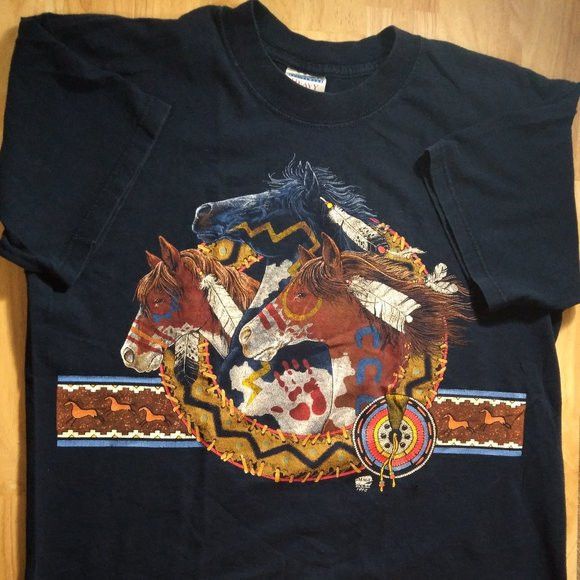 Vintage Image West Horses Feathers Southwest Aztec T Shirt