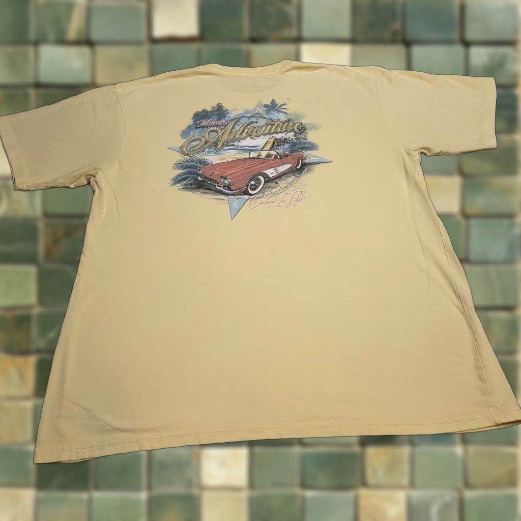 Vintage Island Adventure Corvette Beach Yellow Shirt Newport Blues Size L Men Graphic Tee Ca