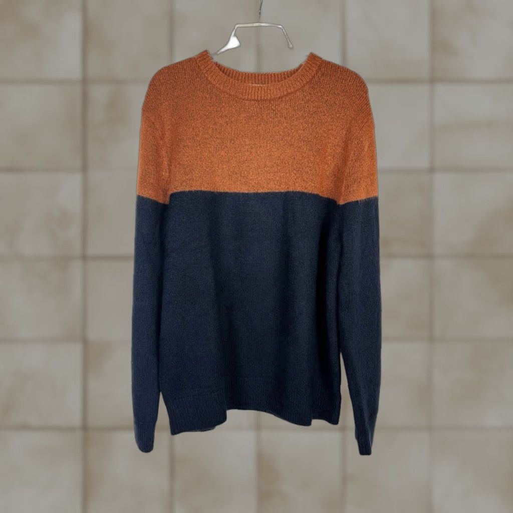 Vintage New Goodfellow Brown Navy Blue Pullover Sweater Size Large Stretch Long Sleeve