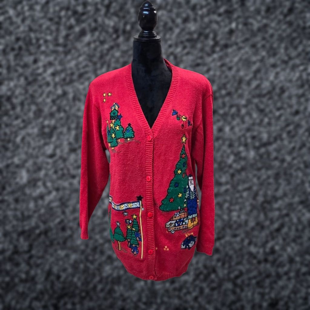 Factory Vintage Quacker Factory Cardigan Sweater L Womens Christmas Embroidered Trees Santa