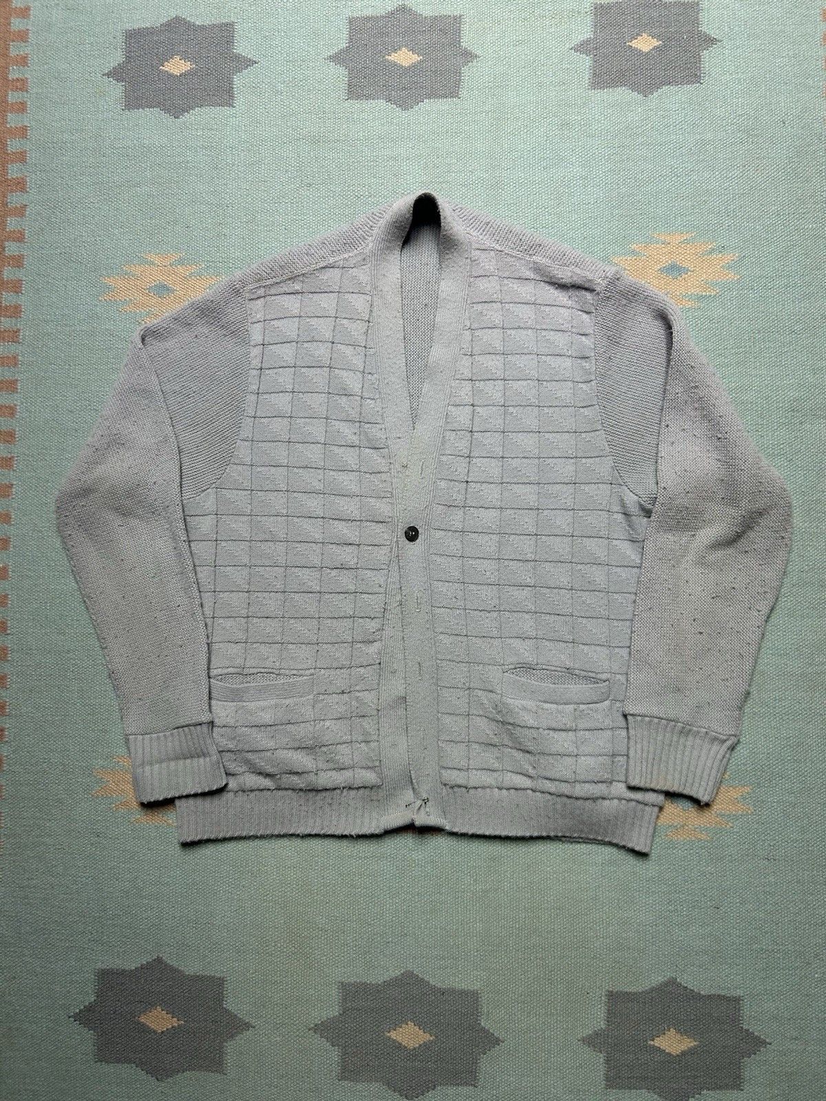Vintage 70s Knit Cardigan Sweater Wool Blend Windowpane As Is Large