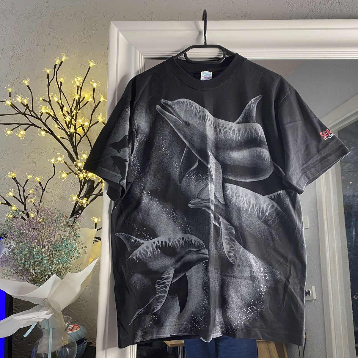 Vintage 90s Dolphins All Over Printed Black White Boxy Tee Hoodie, Sweatshirt | FlexRushtees.com