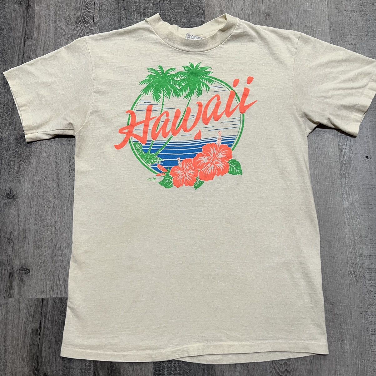 Vintage Vtg 1988 Hawaiian Tropical 80s Beige Floral Beach Travel Tee