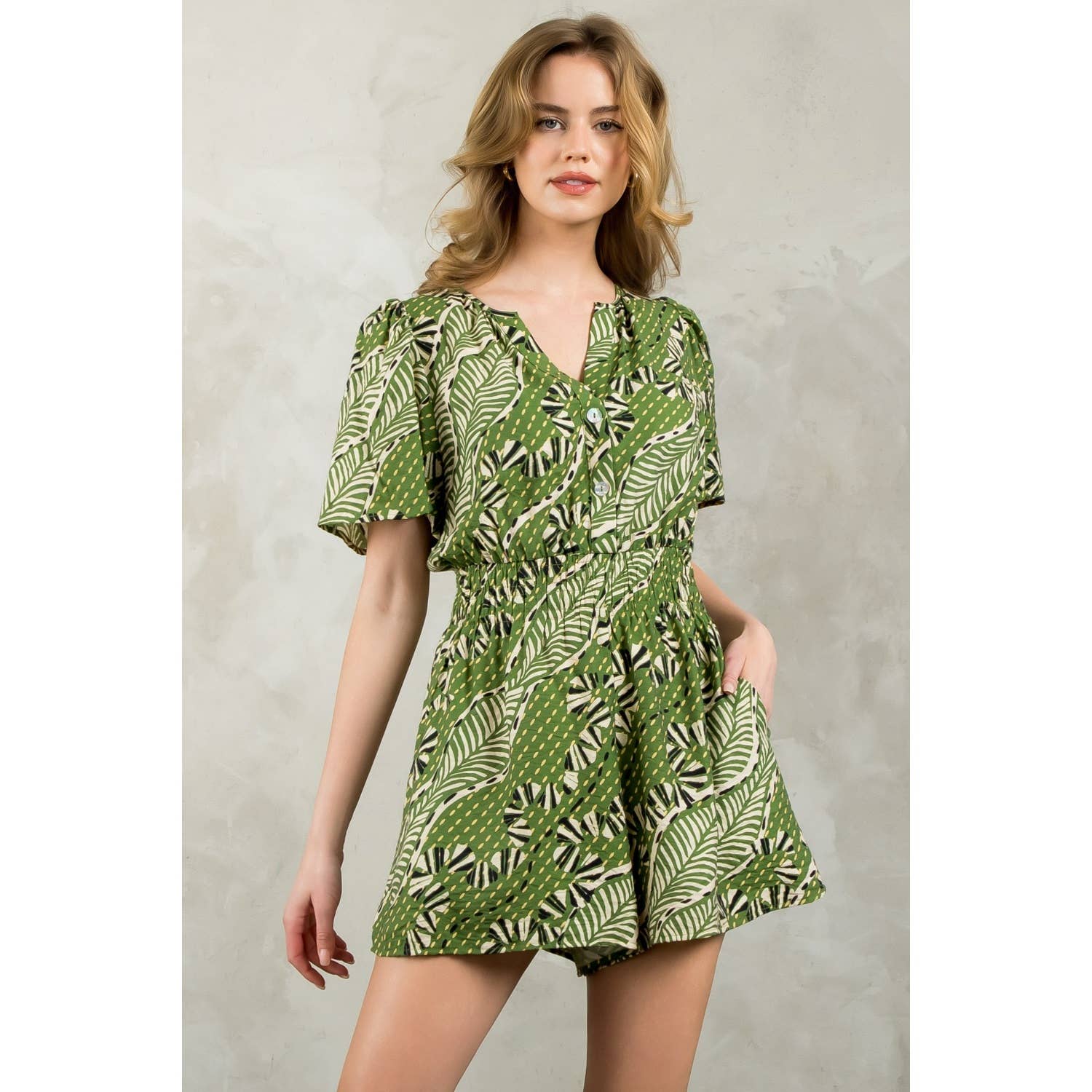 Smocked Waist Leaf Print Romper