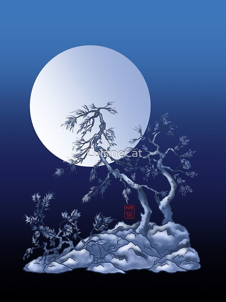 Japanese pine trees under a full moon by CuisineCat
