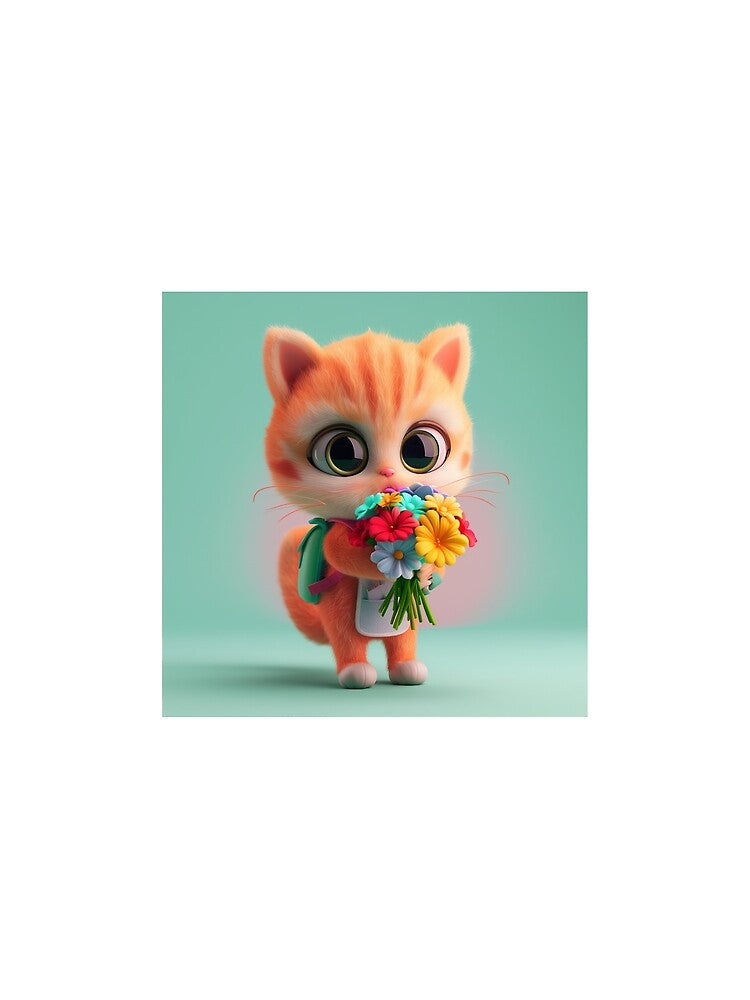 A cute cat with a backpack and a bouquet of flowers by PigmentPixel
