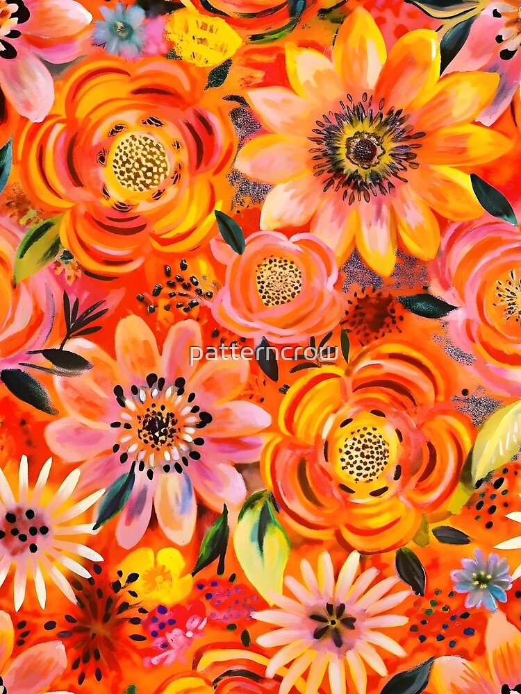 Vibrant orange flower pattern, painting, all over by patterncrow