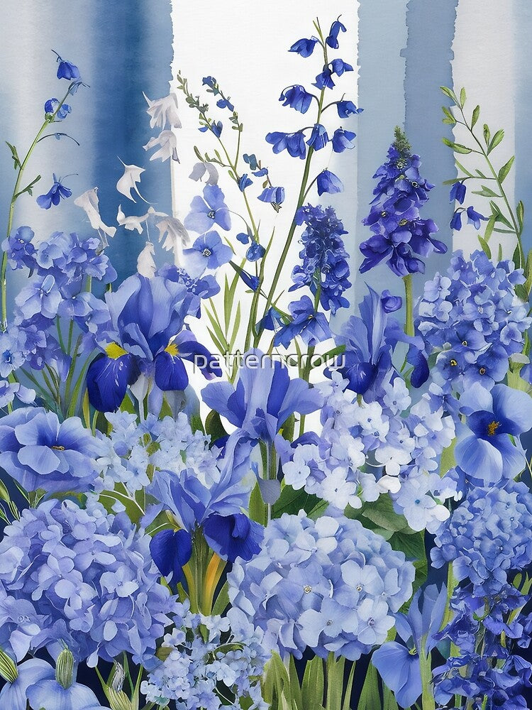 Blue flower pattern, watercolor design with Hydrangeas and Lilies by patterncrow