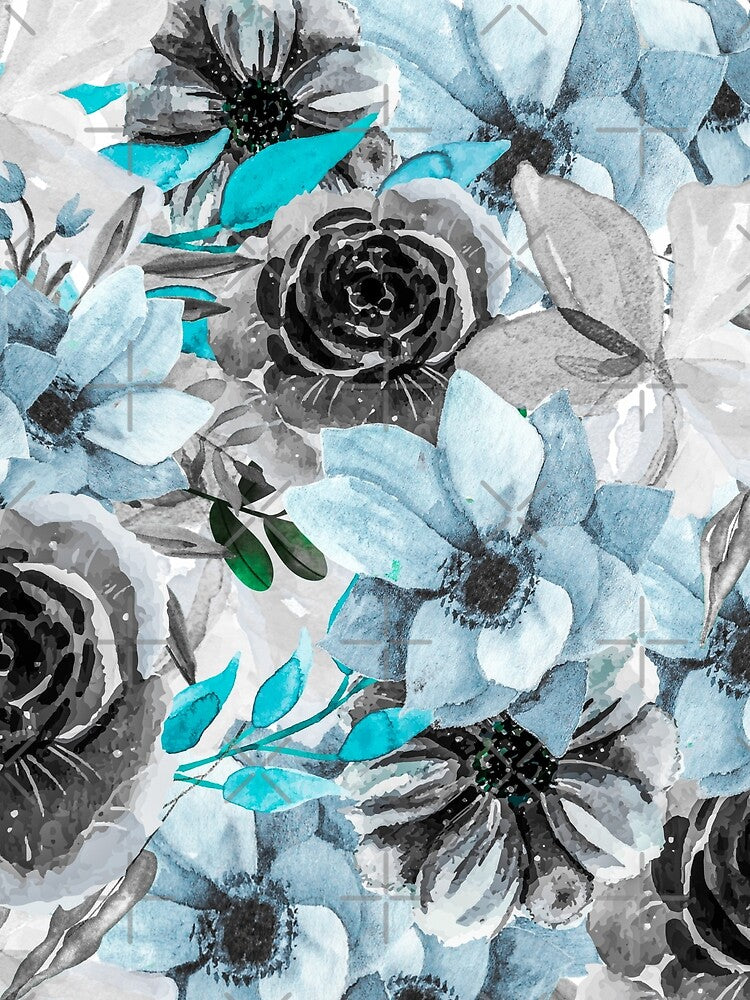 Aqua And Grey Watercolor All Over Floral Pattern by Designs By YL