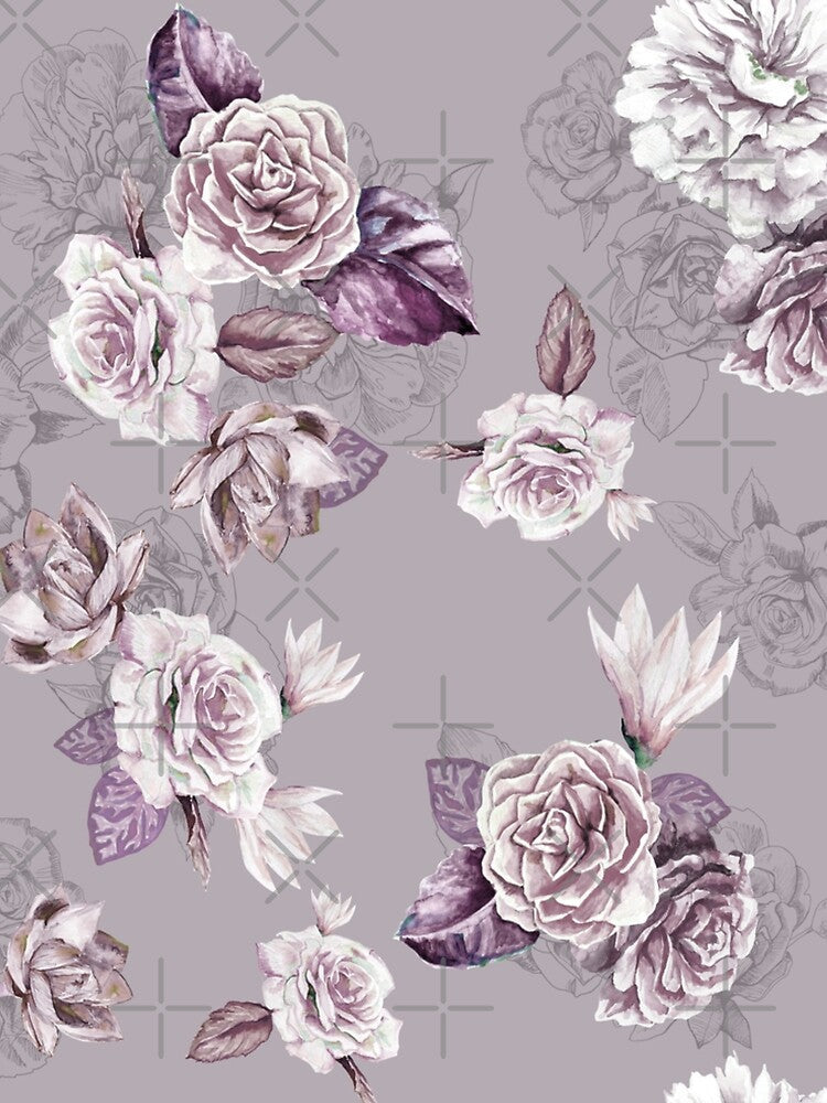 floral pattern, handmade watercolor flowers, linear flowers, peony, roses, magnolia, lotus, all over pattern for fashion by TeeFashionShop