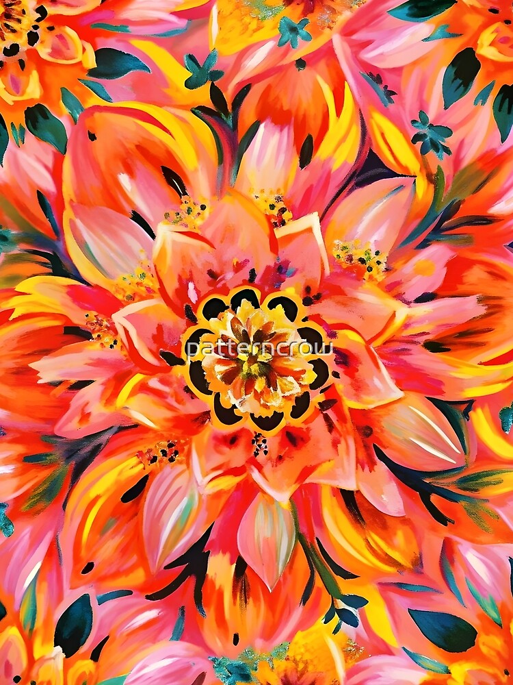 Vibrant orange flower pattern, acrylic painting, all over by patterncrow
