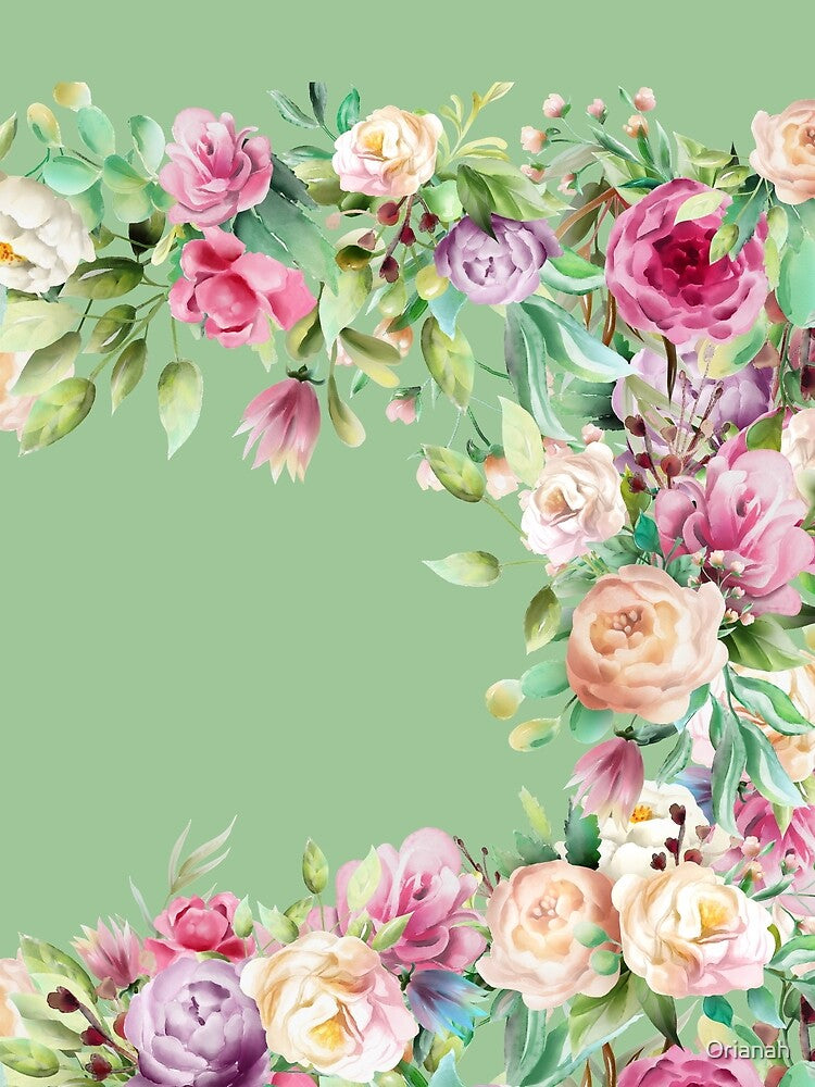 Beautiful floral design, pink and purple flowers, light teal background and leaves, soft and pretty by Orianah