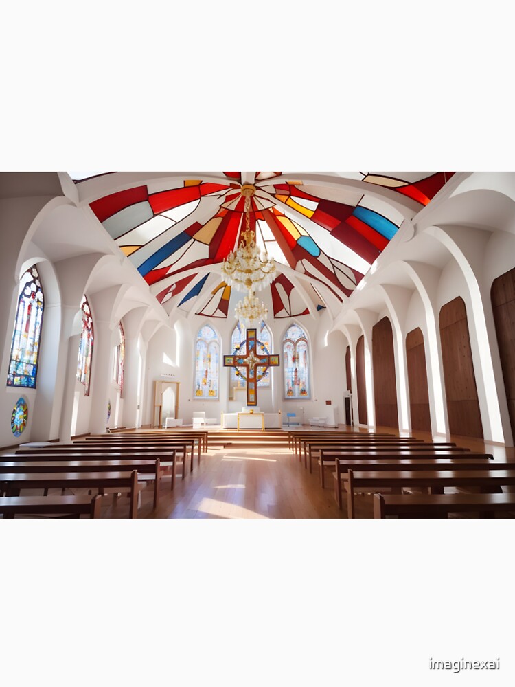 A White Cathedral with a Red Cross and Vibrant Stained Glass Windows by imaginexai