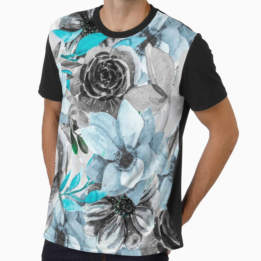 Aqua And Grey Watercolor All Over Floral Pattern by Designs By YL