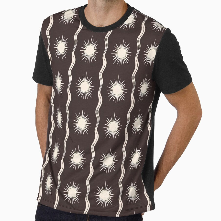 Boho Beige Starburst and Wavy Line Pattern – Earthy Celestial All-Over Print Graphic T-Shirt by FestivityFinds