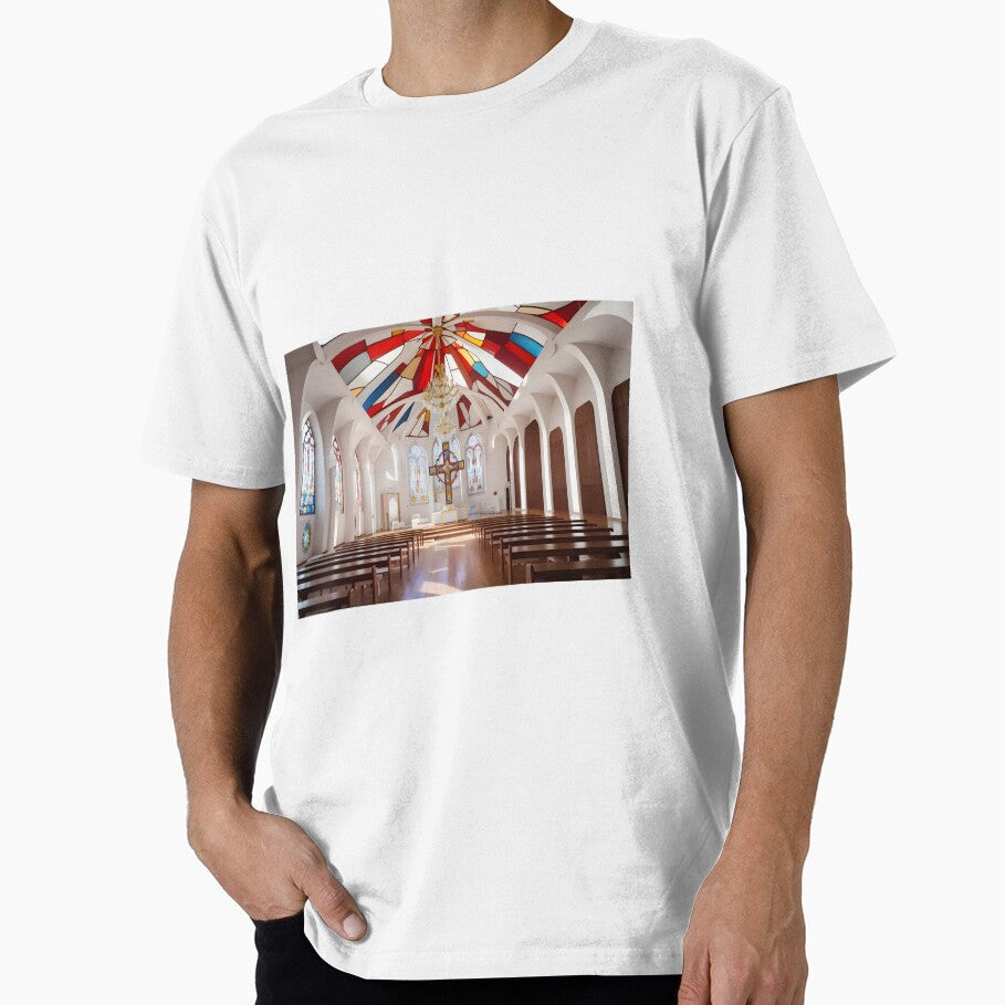 A White Cathedral with a Red Cross and Vibrant Stained Glass Windows by imaginexai